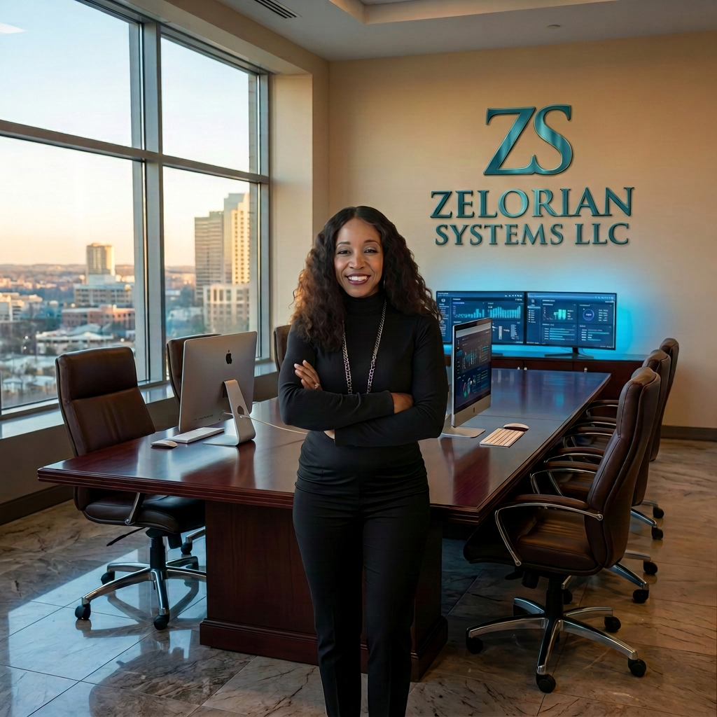April Robinson, founder of Zelorian Systems LLC, in the Zelorian Systems boardroom